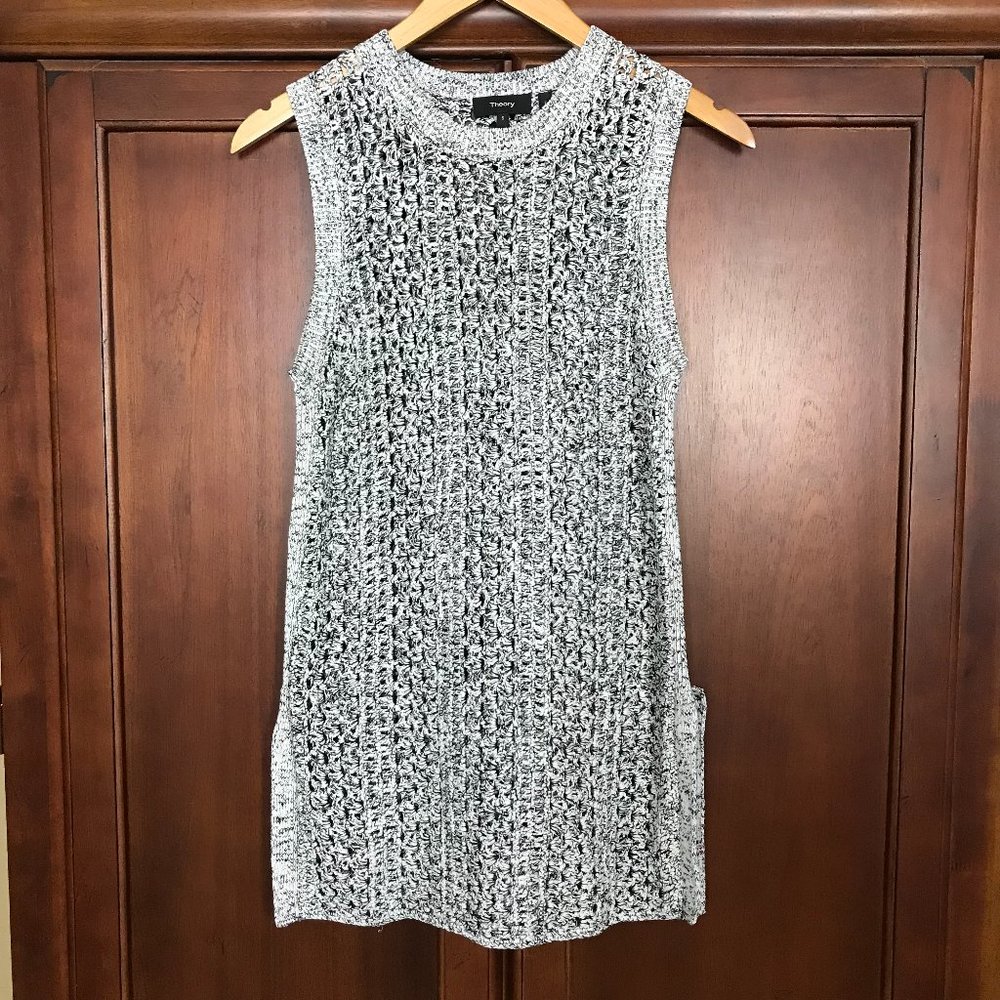 Theory White Black Linen Blend Knit Sleeveless Sweater Top Size Small
